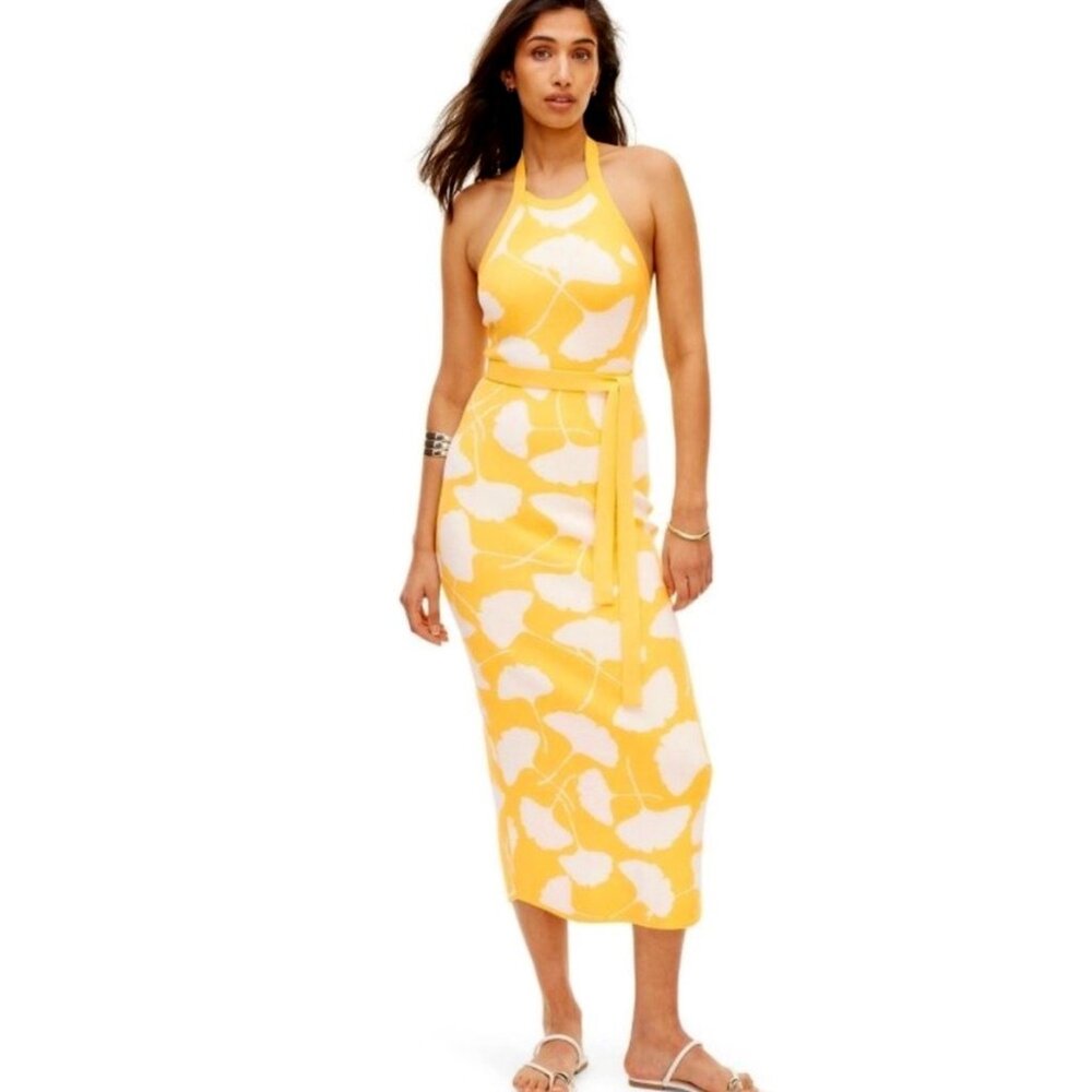 NWT - DVF - 💛 WOMEN'S 💛 HALTER TIE NECK GINKGO YELLOW SWEATERKNIT MIDI DRESS